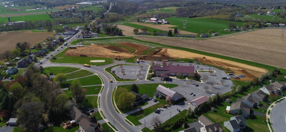 Drone image of early construction at Ephrata Community Church