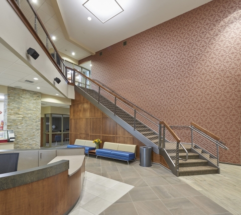 stairs in college academic building lobby