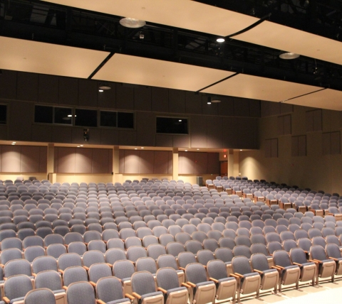 concert hall with hundreds of blue theatre chairs