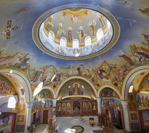 ornate dome interior painting in greek orthodox church