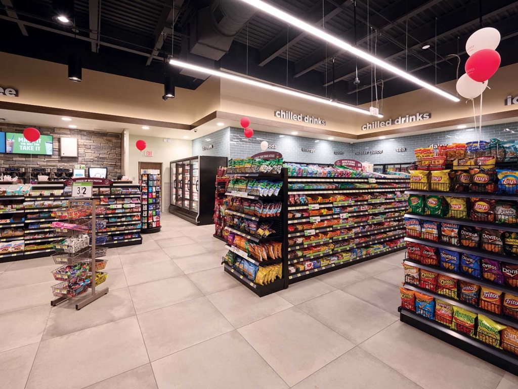 inside of convenience store with products on shelves