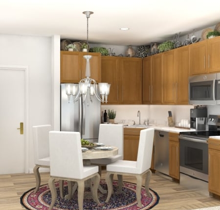 rendering of senior living apartment dining room and kitchen