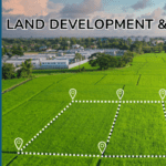 open land mapped for development. Image of green grass with measuring lines and a title